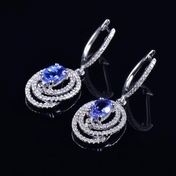 14K Gold Natural Diamond Tanzanite Dangle Earrings