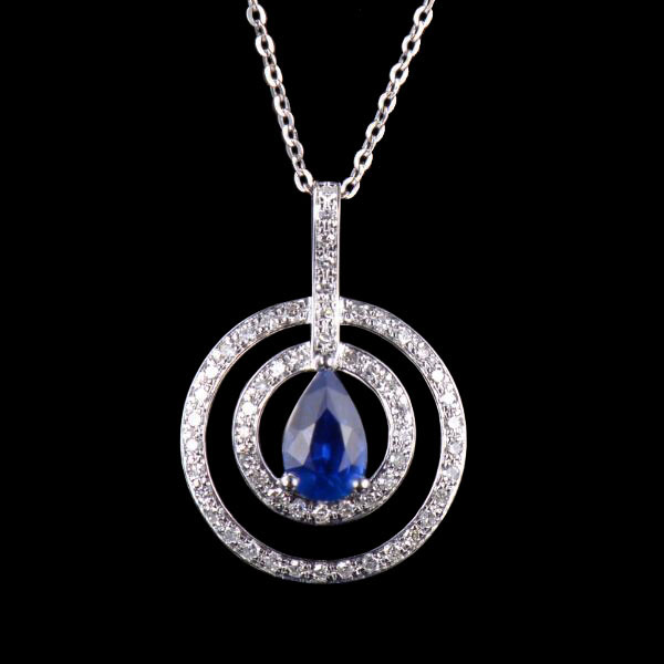 14K Gold Pear Sapphire Diamond Halo Pendant