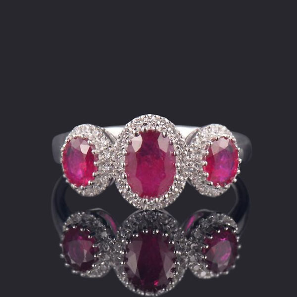 14K White Gold Three-Stone Ruby Diamond Ring