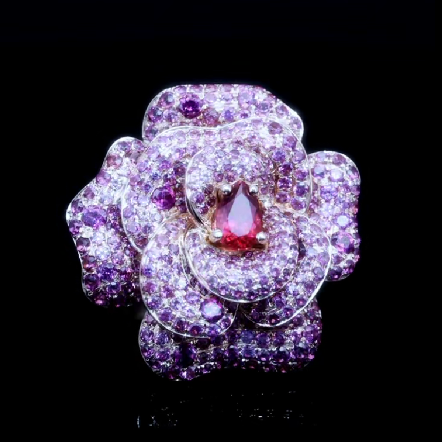 Purple Rose Flame Heart Drop - Flower Design Cocktail Ring Purple Rose Flame Heart Drop - Flower Design Cocktail Ring