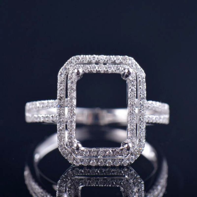 Double Halo Emerald Cut Ring Semi Mout